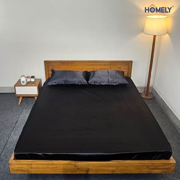 Pitch Black Satin Fitted Double Bedsheet