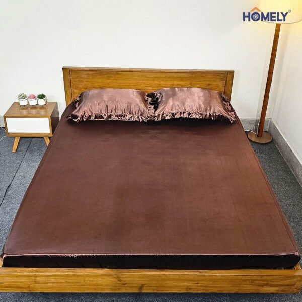 Chocolate Brown Satin Fitted Double Bedsheet